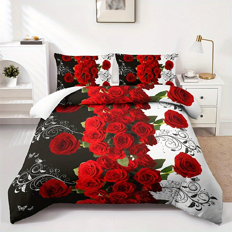 Transform your bedroom with this romantic red rose print bedding set, including 3 pieces - 1 duvet cover and 2 pillowcases. Made of soft and comfortable material, perfect for your bedroom or guest room. Core not included.