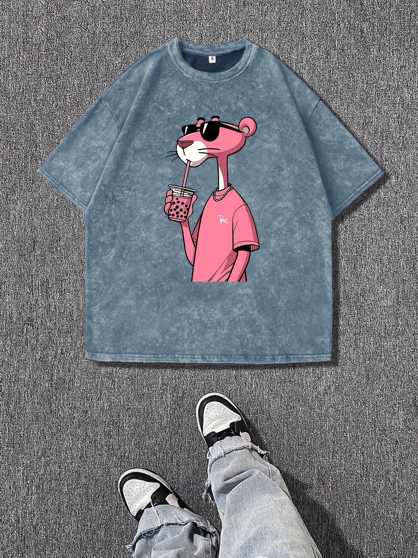 Women's vintage wash t-shirt with pink panther print.