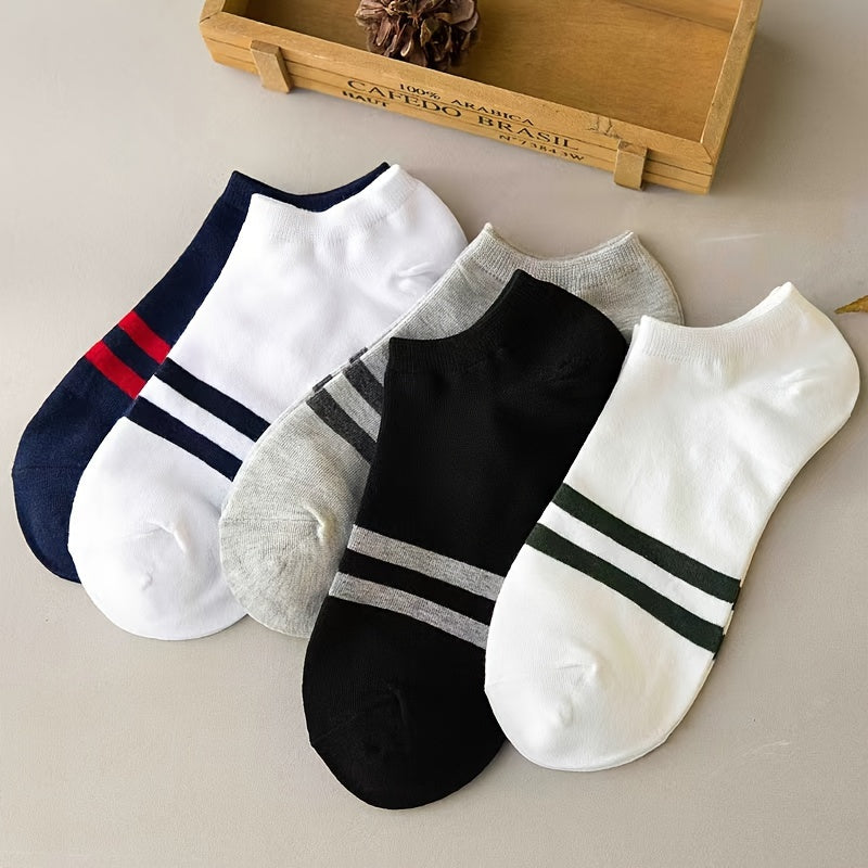 5 pairs of men's low-cut athletic socks in white, navy blue, black, gray, and light green, designed for breathability and moisture-wicking in spring and summer.