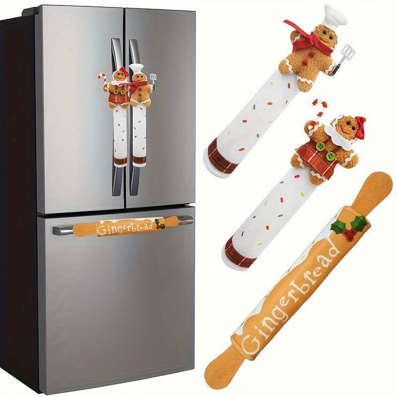 Set of three Christmas gingerbread refrigerator door handle covers, perfect for adding a festive touch to your kitchen. These covers are washable, feather-free, and microwave safe, making them a practical and stylish decoration for the holiday season.