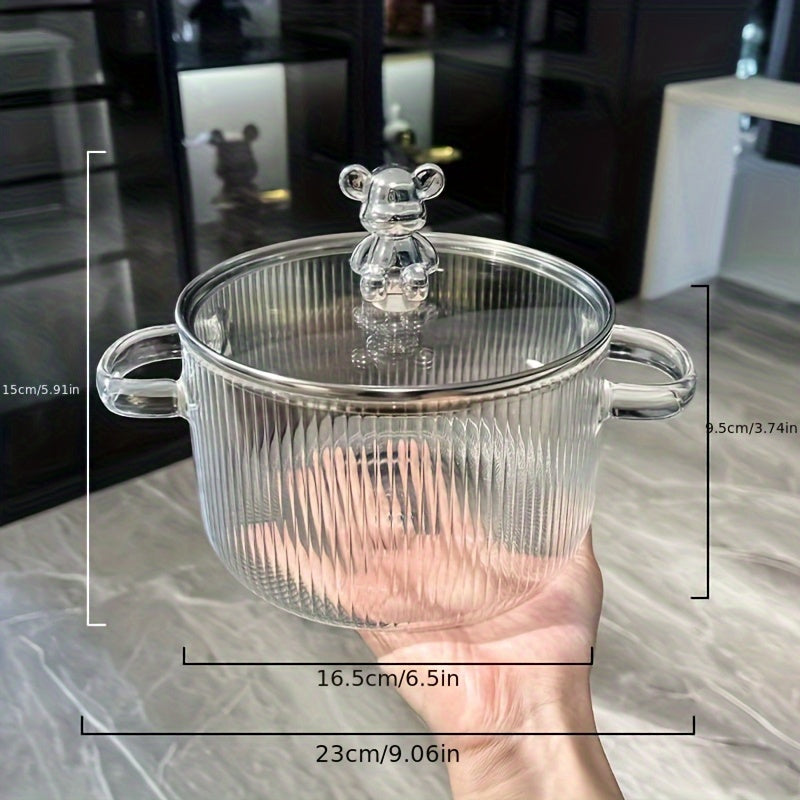 Glass pot with lid for cooking, made of heat-resistant glass. Perfect for pasta, noodles, soup, milk, baby food, and more. Ideal kitchenware and cookware option.