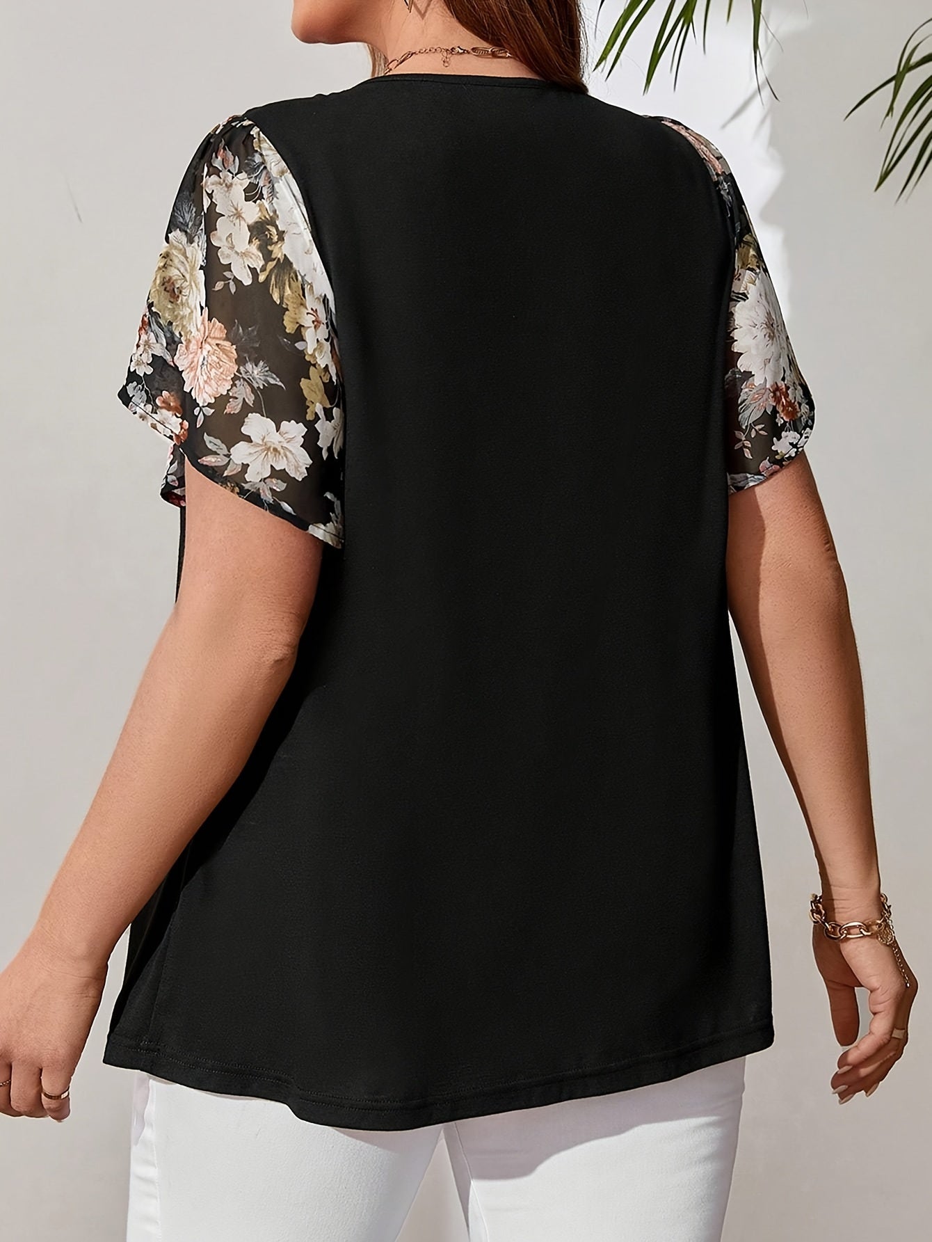 Plus Size Women's Elegant Black Floral Blouse with Tie-Front, Butterfly Sleeves, Lace-Like Fabric - Perfect for Spring & Summer.