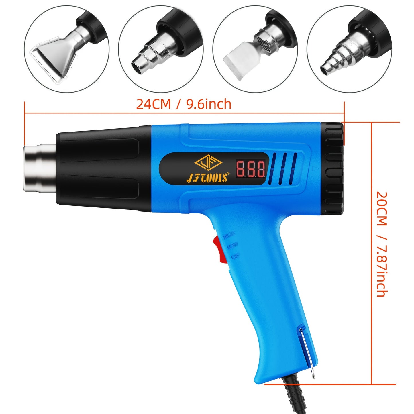 European 220V digital hot air gun with four air nozzles for thawing water pipes, heat shrink applications, and automotive films. Back cover temperature can be adjusted from 50 to 650