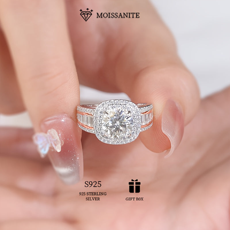 Elegant 925 Sterling Silver Hypoallergenic Belt Ring with 2ct Moissanite for Women. This Round Square ring is perfect for an Engagement or Wedding. Comes with a Moissanite Certificate and Exquisite Gift Box.