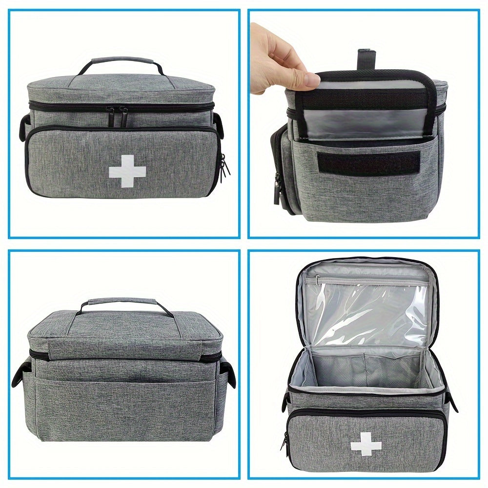 Durable PU medicine storage bag with multiple compartments for home and emergency needs. Non-food safe. Available in red, black, and grey for first aid use.