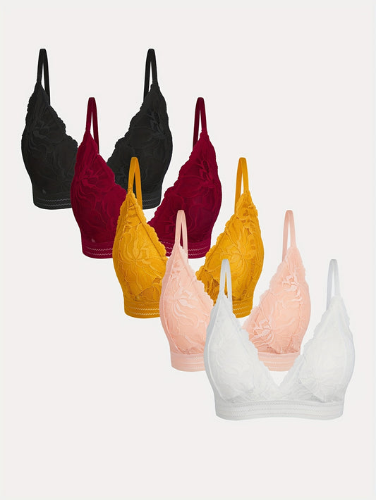 5 Lace-Trimmed wireless bras for women made of comfortable nylon blend. Full coverage with removable pads, non-see-through. Available in black, maroon, yellow, white, and pink. Elegant and