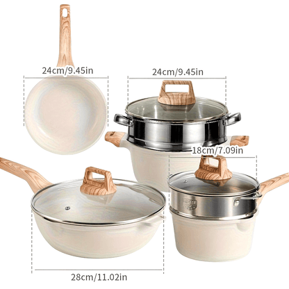 4-piece Beige Cookware Set with Non-Stick Coating - Includes Frying Pans for Steak, Eggs, and Pancakes - Compatible with Gas and Induction Stoves - Ideal for Home Kitchens.