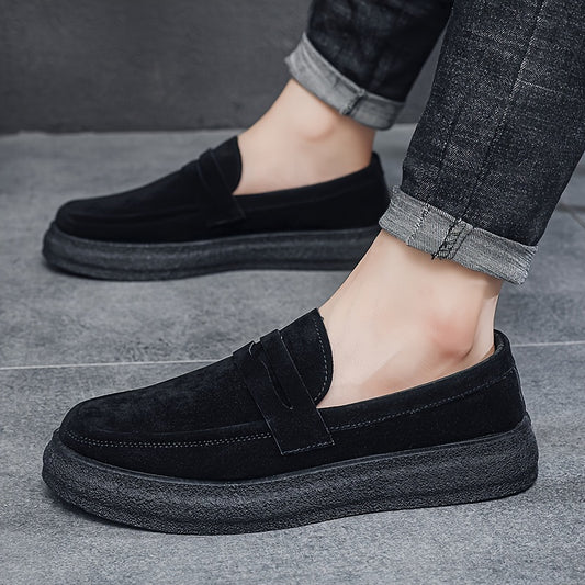 Men's vintage casual slip-on loafers with solid color, faux upper, fabric inner, rubber sole, round toe, and comfortable thick sole – perfect for daily wear.