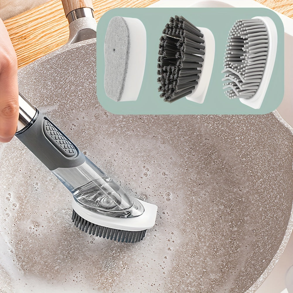 Kitchen Cleaning Brush Set with Soap Dispenser includes three multifunctional brushes. The long handle and removable sponge make it perfect for cleaning dishes and more. The durable nylon bristles ensure a thorough clean while the space-saving design