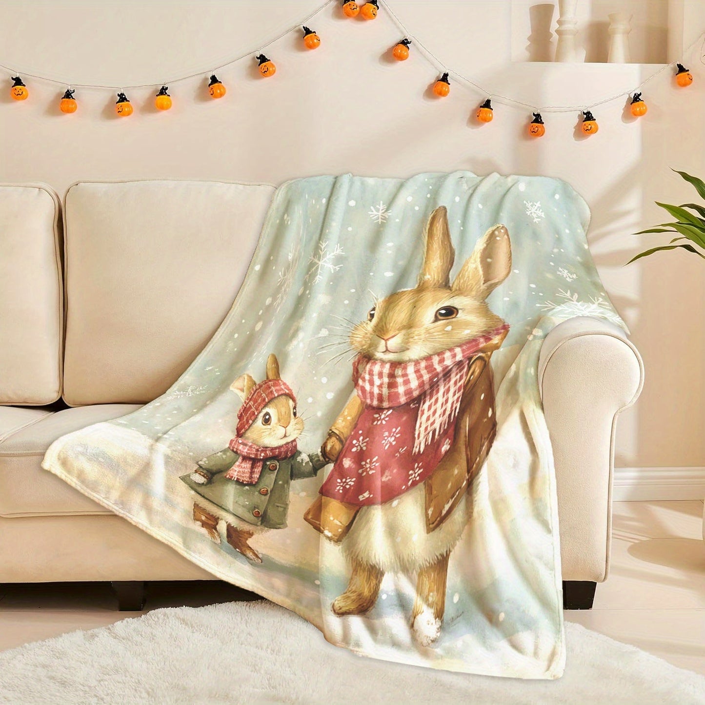 Stay warm and cozy in any season with this adorable rabbit-themed fleece throw blanket. Its soft and lightweight design makes it perfect for naps, travel, or adding a touch of charm to your home office decor. It also makes an ideal gift for friends and