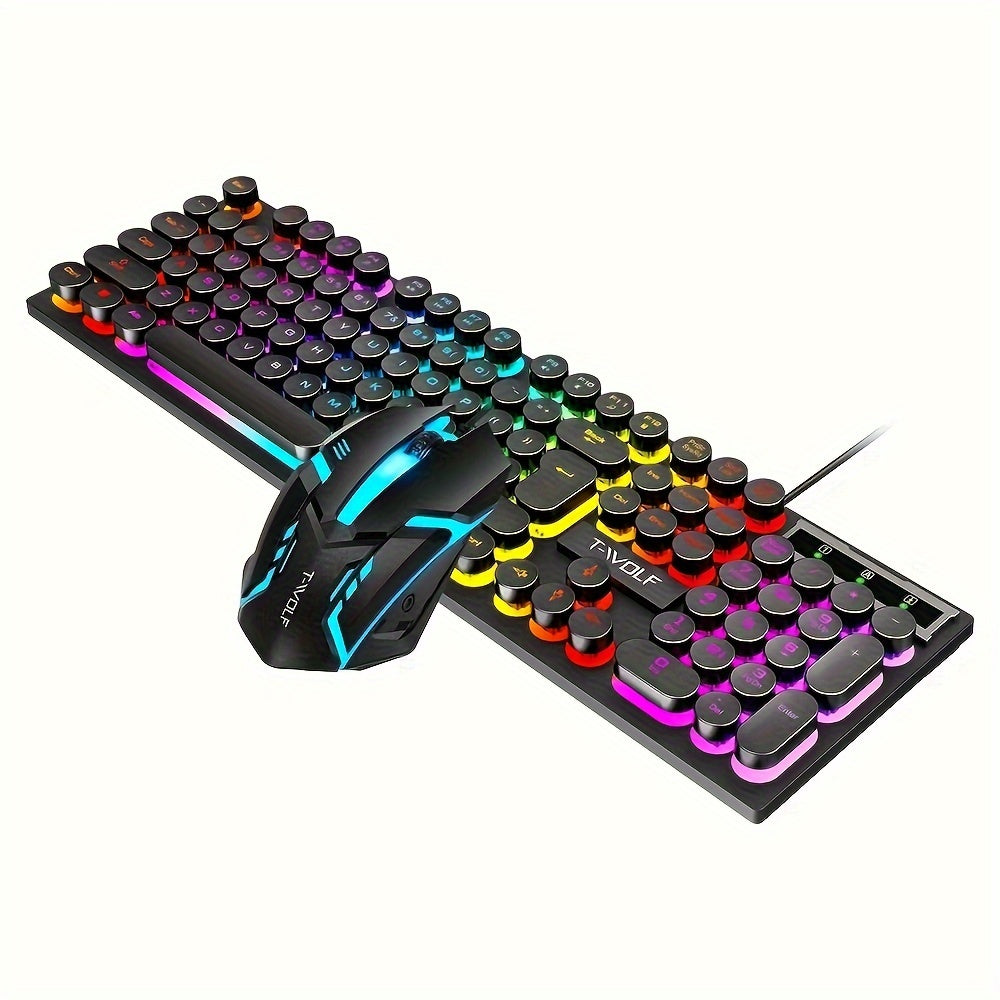 LED-lit wired keyboard and mouse set with mechanical feel for gaming and office use.