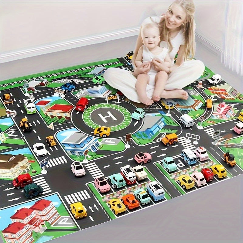 Large city traffic play mat for kids made of waterproof non-woven fabric with colorful road signs and vehicles. An educational and fun green transportation game for modern room decor.