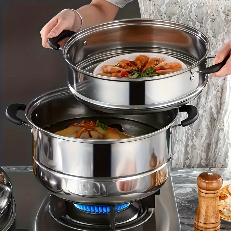 Stainless Steel Steamer Pot with Lid - Versatile Double-Layer Design, Suitable for Induction Cooktops - Perfect for Buns, Mantou, and Soup - Sturdy and Durable Construction, No Electricity Required