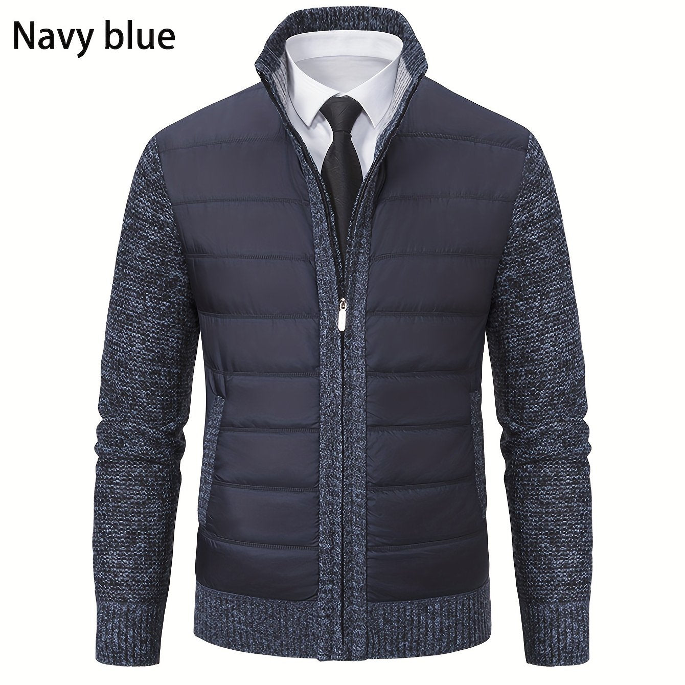 Men's casual knit jacket in 100% polyester with long sleeves and a mandarin collar. Solid light gray color with slight stretch and regular fit. Features woven placket, perfect for hiking