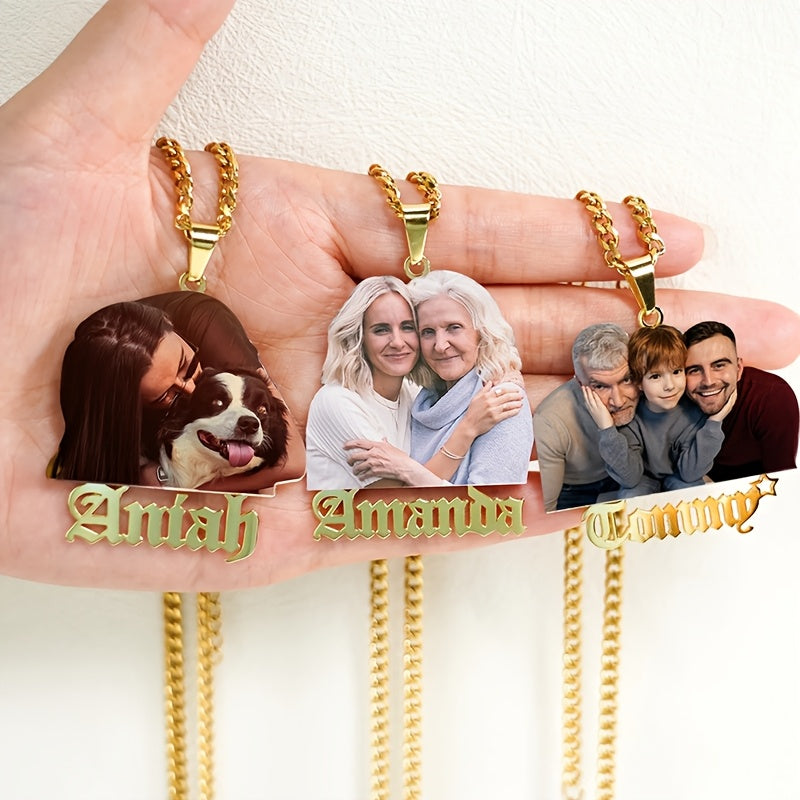 Personalized 18K Golden Plated Stainless Steel Photo Necklace with Engraved Name - Perfect for Mother's Day, Father's Day, New Year, Christmas - Stylish Party Accessory and Versatile All-Season Jewelry