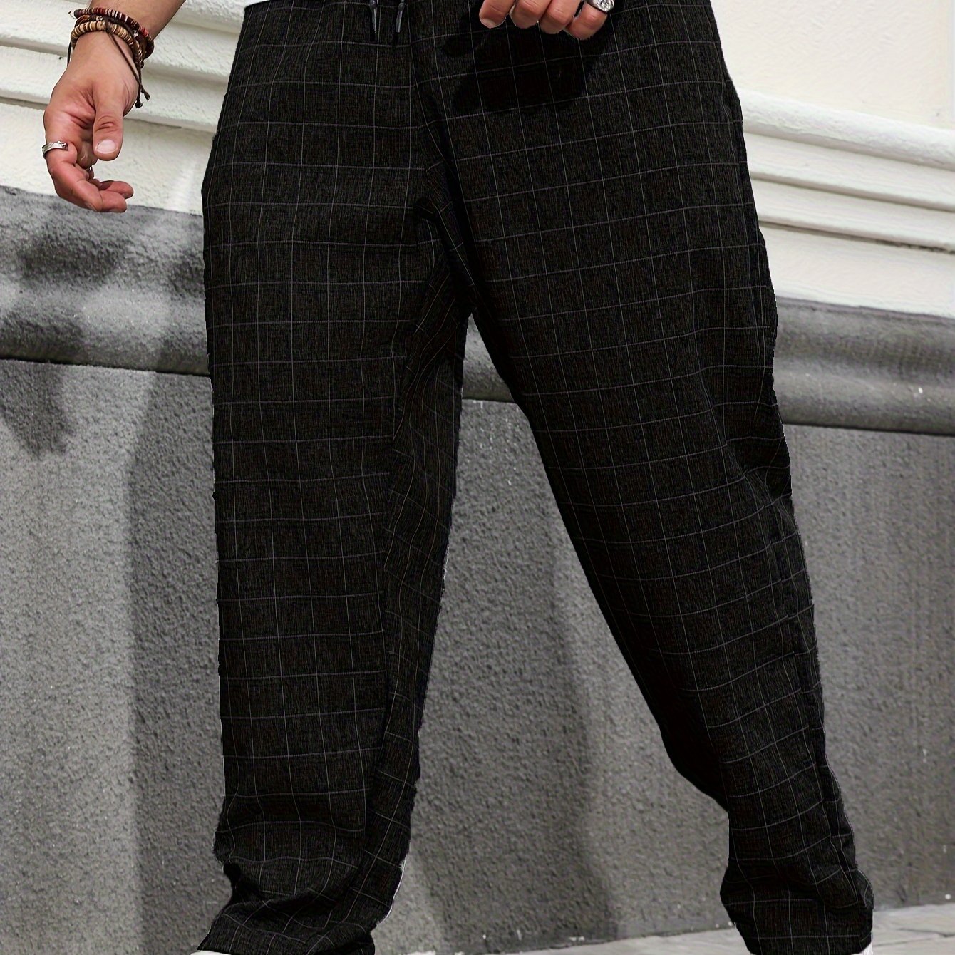 Oversized plaid pants for plus size men in breathable polyester for all seasons.