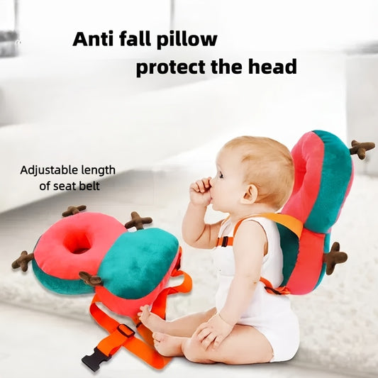 Adjustable anti-fall headrest pillow for youngsters with plush donut design. Includes seat belt for learning to sit. Colorful gift for birthdays.