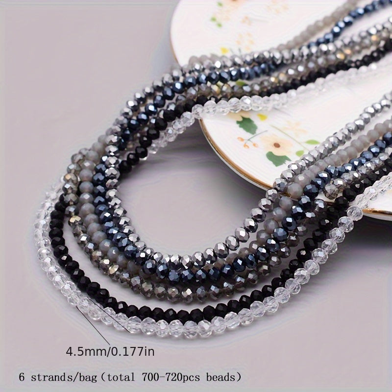 720 pieces of faceted glass rondelle beads measuring 4mm each, sold in a convenient bag. Perfect for crafting jewelry, DIY projects, and adding embellishments to clothing items such as necklaces, bracelets, and more.