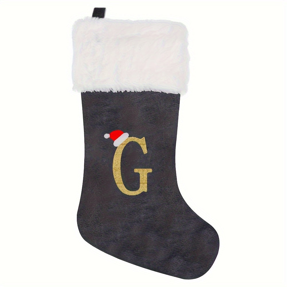 Modern Christmas stocking featuring 'HOME' embroidery in grey and white, made of polyester flannel, 43.18cm in length, feather-free, perfect holiday gift.