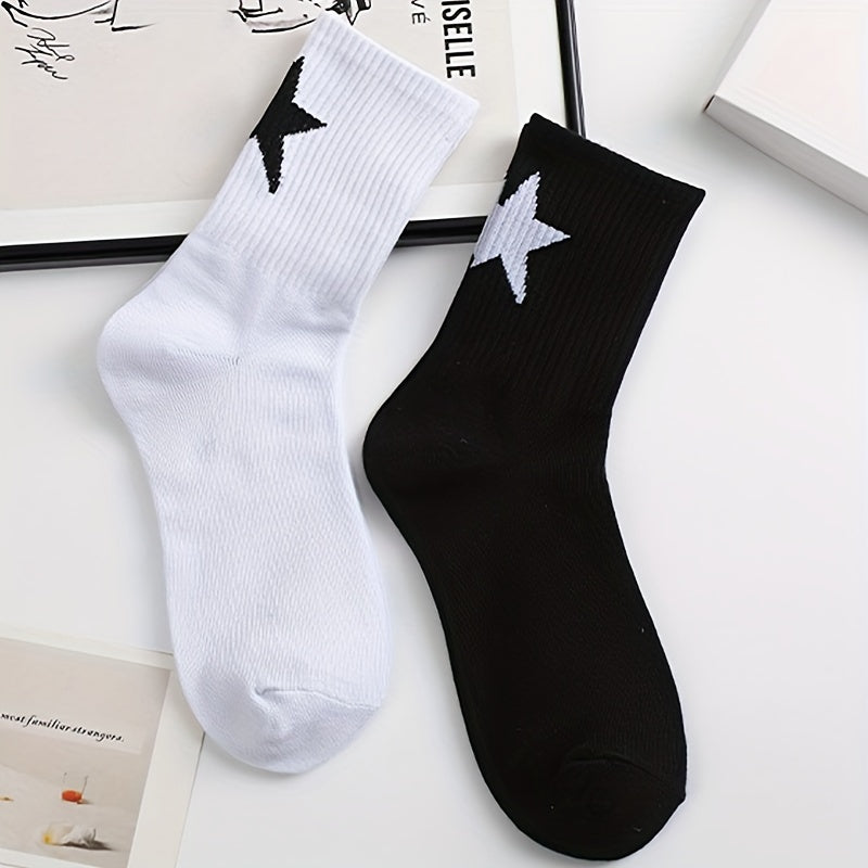 2/3 Pairs of Star Pattern Crew Socks for Men and Women - Breathable Polyester-Spandex Blend, Mid-Calf Basketball Socks with Geometric Design, Black & White, Cute Summer Socks