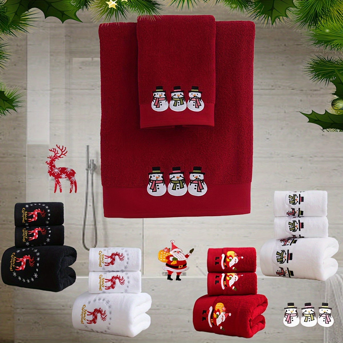 Christmas-themed towel set with embroidered snowman design. Includes 2 towels and 1 bath towel, ideal for couples' bathroom essentials and holiday gifts. Made of 100% cotton.