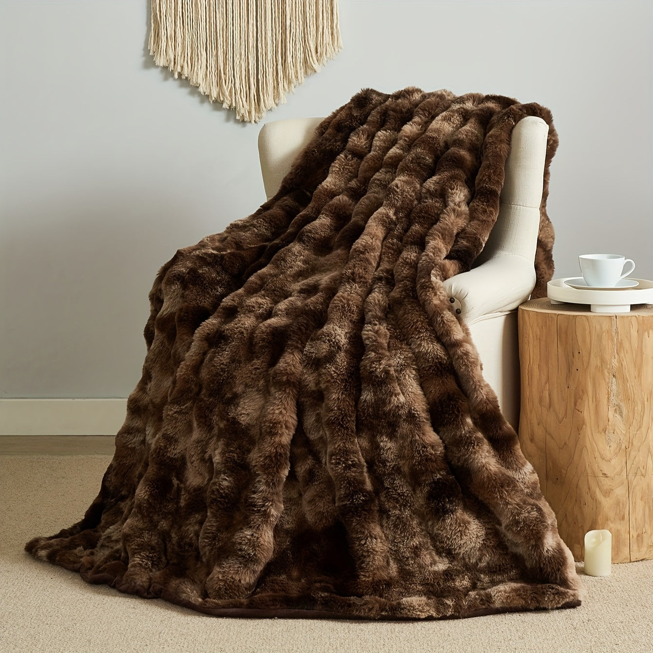 One piece of tie-dye faux rabbit fur blanket with shaggy short plush material for a soft, fluffy bed or sofa blanket, perfect for cozy naps and throws.