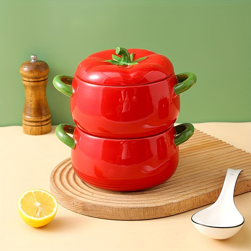 Large soup and salad bowl made of ceramic in the shape of a tomato, comes with a lid. Dishwasher safe and perfect for use in kitchens and restaurants. Makes for a unique gift idea.