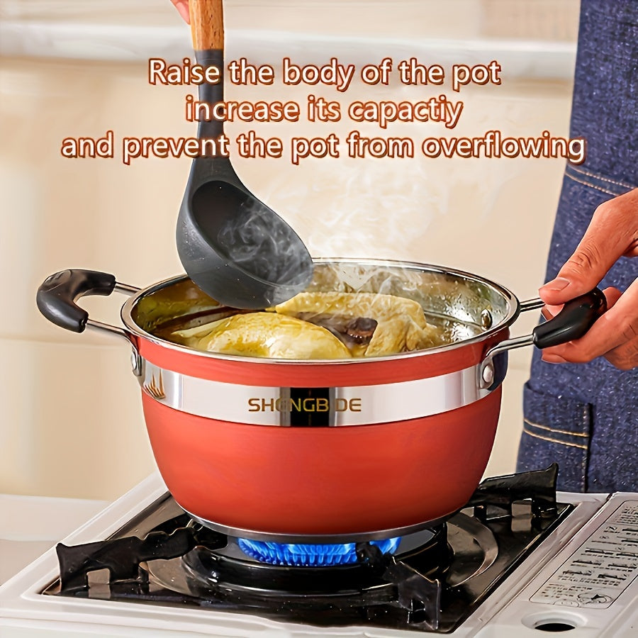 This set includes 12 pieces of stainless steel cookware: 4 pots, 1 frying pan, 1 milk pot, and 6 lids. The pots have a thickened composite bottom for uniform and fast heat conduction. They are suitable for use at home, in accommodations, while dining, or