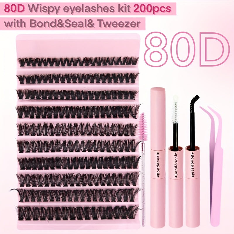 Luxurious DIY eyelash extension kit with 30P, 40P, and 80P lashes, featuring ultra-fine 0.07mm lash clusters in C and D curls (8-16mm). Suitable for beginners with lightweight 3D Russian