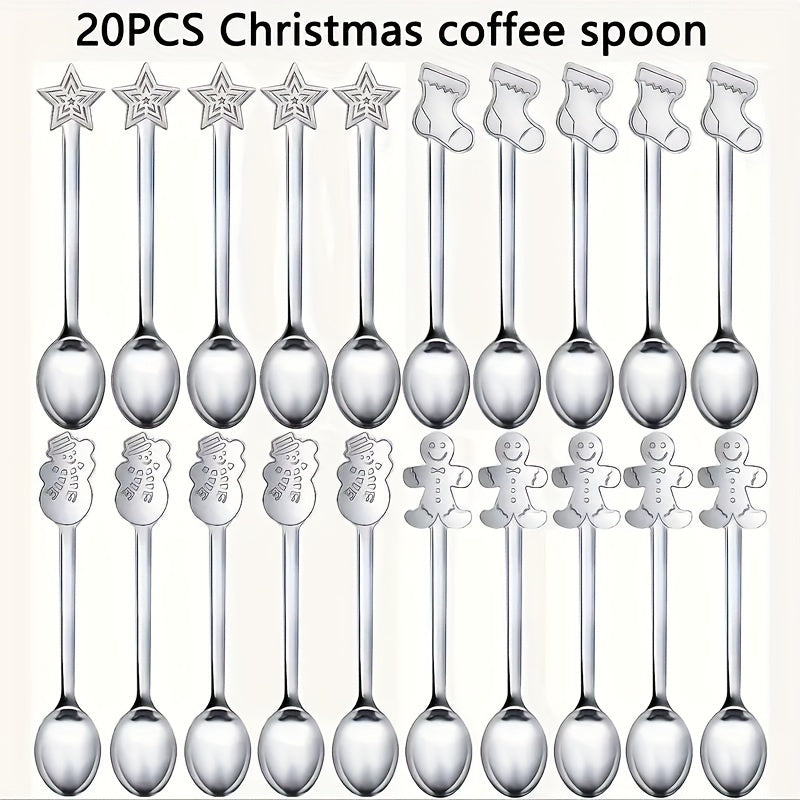 Get a set of 12/20 charming Christmas spoons made of top-quality stainless steel. These mini spoons are ideal for stirring coffee, tea, cocktails, milkshakes, and jams. They make the perfect festive table decoration for Christmas parties with 4 different