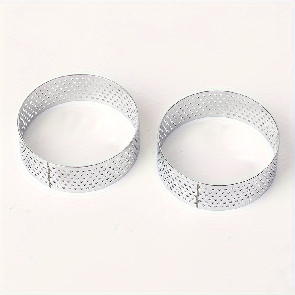 Set of 2, 4, 6, or 12 Stainless Steel Round Tart Rings with Perforated Design for Baking Cheesecake, Cookies, and Pastries during the Christmas Holiday Season