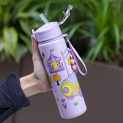 Cartoon Kapibara-themed 26oz water bottle with straw, leak-proof, PVC-free, hand wash only. Great for outdoor activities and makes a perfect holiday gift.