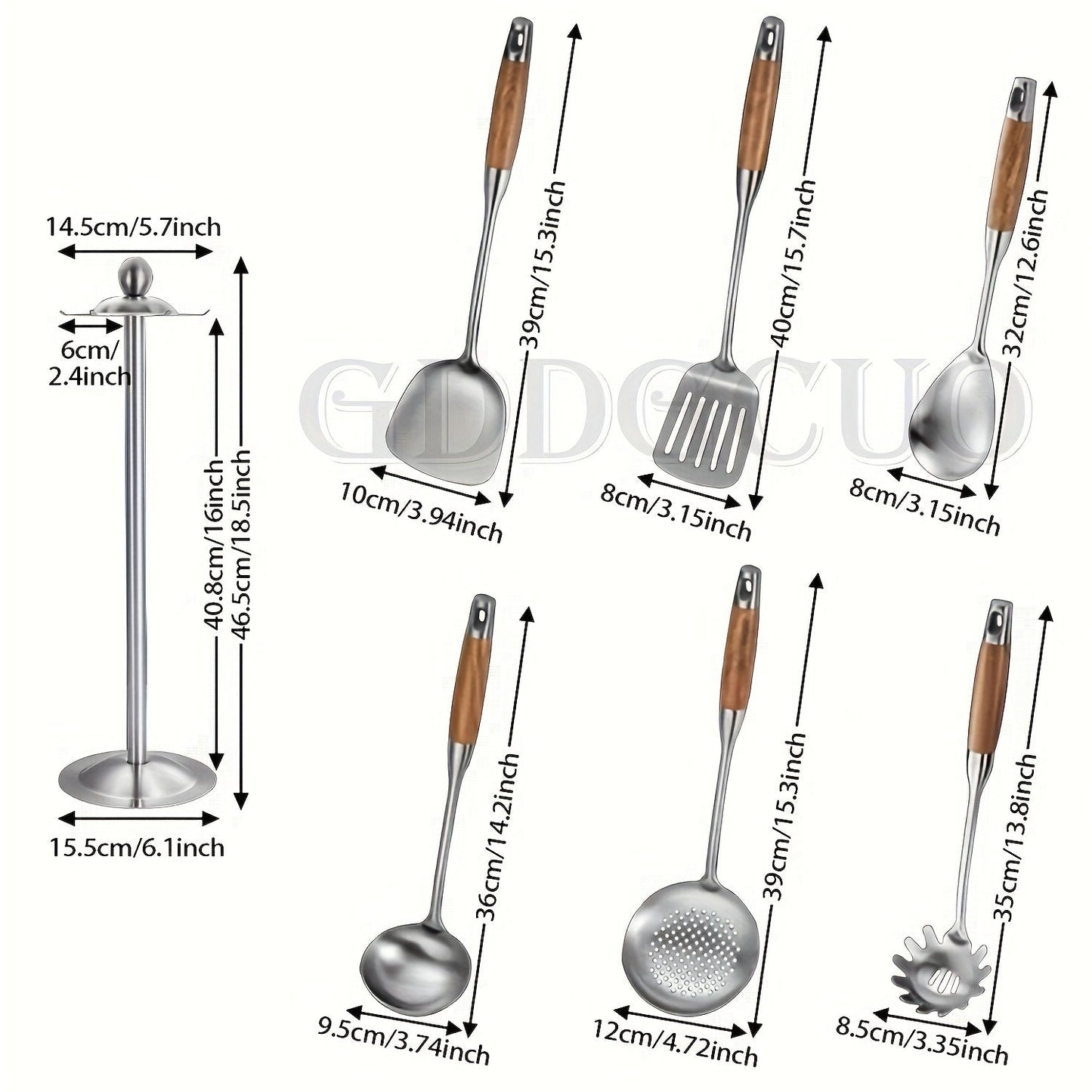 Seven pieces of cooking utensils made with durable 304 stainless steel, complete with a rotating stand storage box. The set includes a slotted spoon, slotted spatula, ladle, soup ladle, spreader, and spaghetti server.