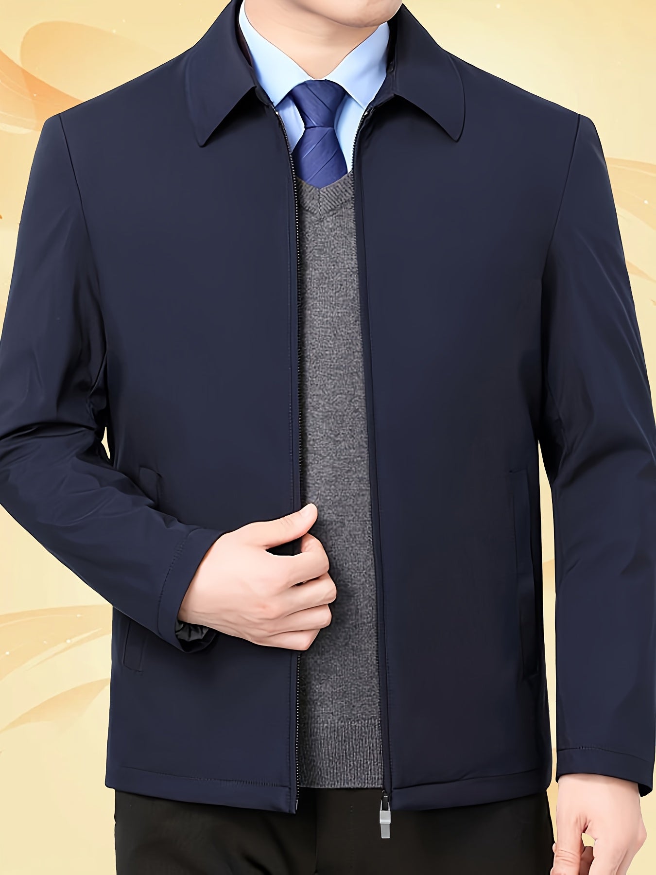 Men's casual lapel jacket made of non-stretch polyester, suitable for hiking and outdoor activities. Solid color with long sleeves and zippered closure. Regular fit with no belt, suitable