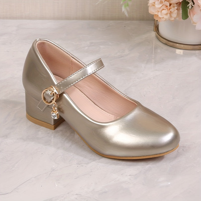 Girls' Princess High Heel Ballet Shoes in British campus style, ideal for weddings and formal events. Available in black, white, pink, and golden colors with a durable TPR sole.