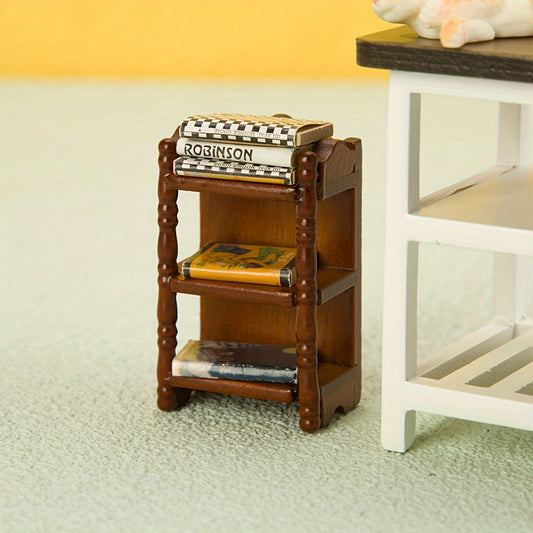 Miniature dollhouse nightstand in 1:12 scale crafted from wood, featuring a versatile storage rack and rustic bedside shelf. Perfect for adding a decorative touch to your dollhouse collection.