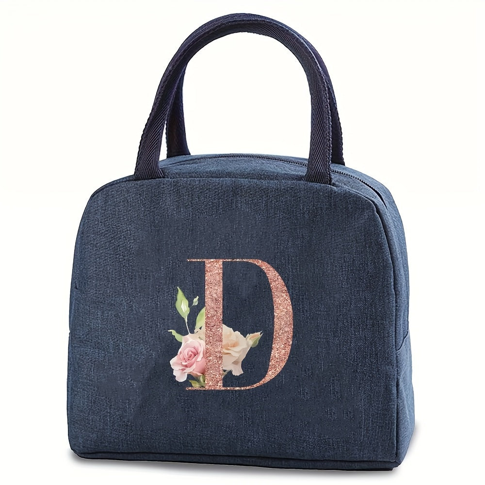 Insulated lunch bag with monogram, featuring a rose gold design. Made of waterproof, leakproof, BPA-free polyester material. Includes a square thermal food storage compartment with an ice compartment. Easily washable by hand. Perfect for school, office