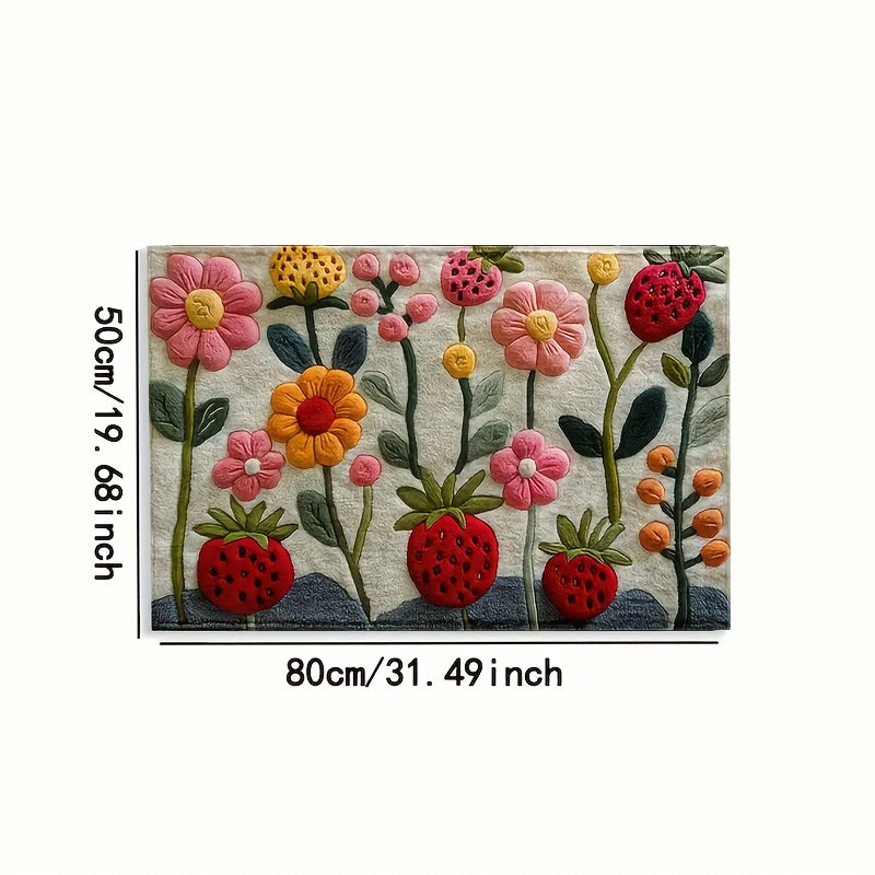 3D Floral Pattern Strawberry Anti-Slip Bath Mat - Made of Ultra Soft Faux Velvet, Absorbent & Stain Resistant Material, Ideal for Bedroom, Bathroom, Kitchen, and Entryway - Easy to Clean in Washing Machine, Adds Fluffy Plush Winter Accent to Home Decor.