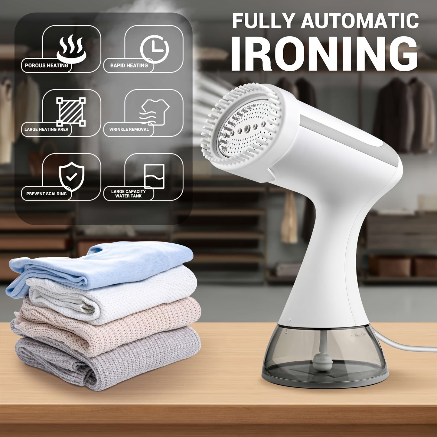 Compact handheld garment steamer with detachable water tank, ideal for home and travel use.