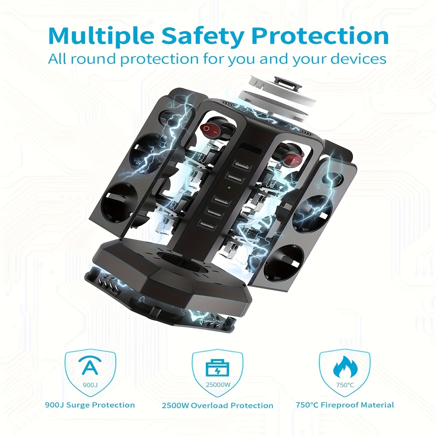 Multi-socket power outlet with 5 USB-A ports, 8 sockets, 4 independent switches, and 3 meters extension cable for home and office use.