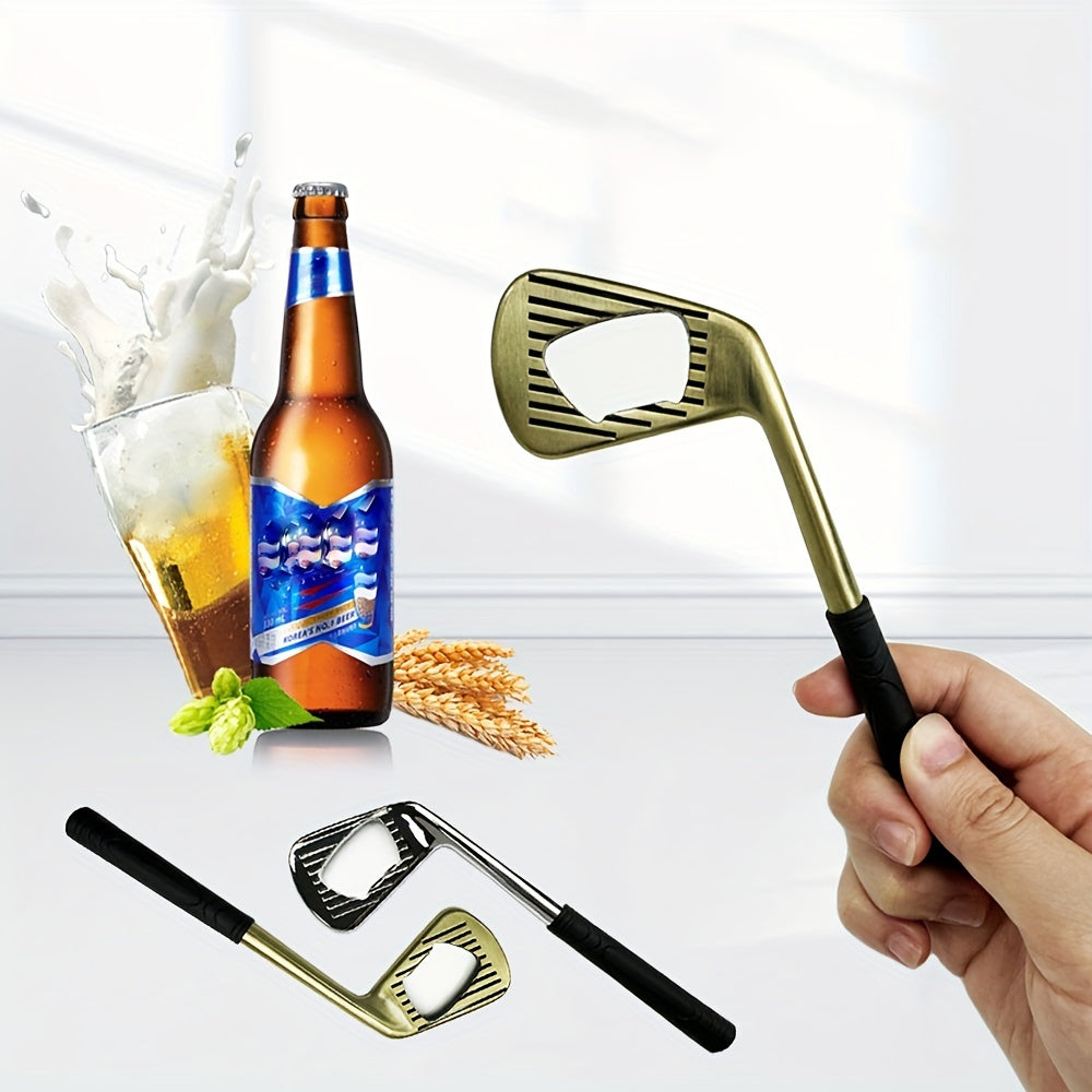 A golf club-shaped bottle opener made of zinc alloy with a golden finish.