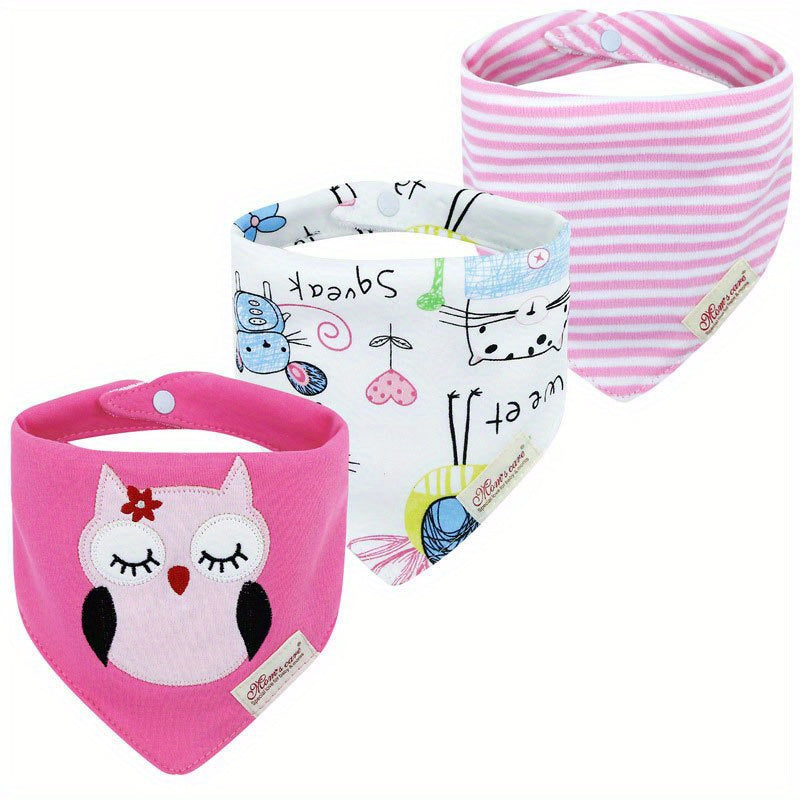 Baby Saliva Towel Set with 3 Pieces, includes Toddler Feeding Bib and Triangle Saliva Towel. Features Double Snap Adjustment Neck Bib for Baby Boys and Girls with Cartoon Embroidery.