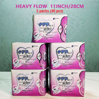 5 packs of ultra-thin winged sanitary pads for women, individually wrapped and unscented.