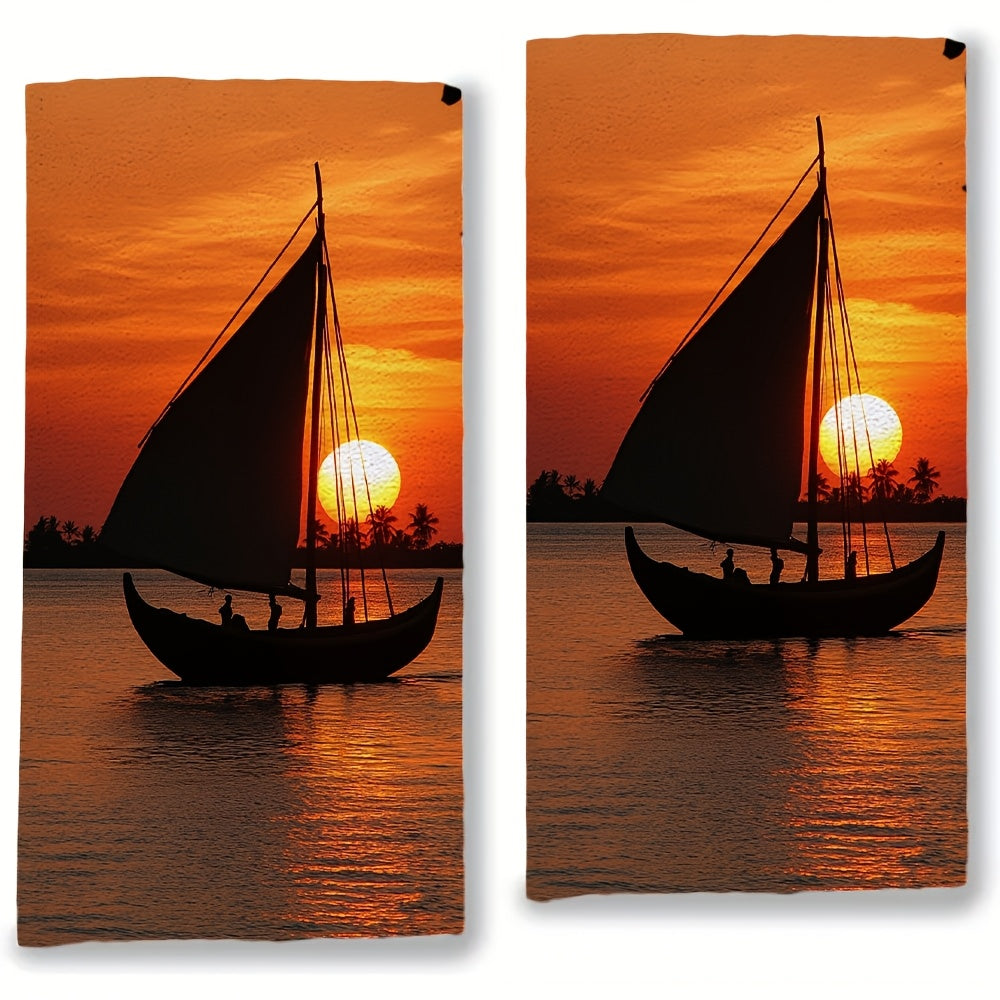 Set of 2 Ultra Soft Kitchen Towels featuring a beautiful Indian Ocean sunset sailboat scene. These towels are highly absorbent and machine washable, measuring 40.64x60.96 cm. Perfect for coastal decor and using as dish towels.