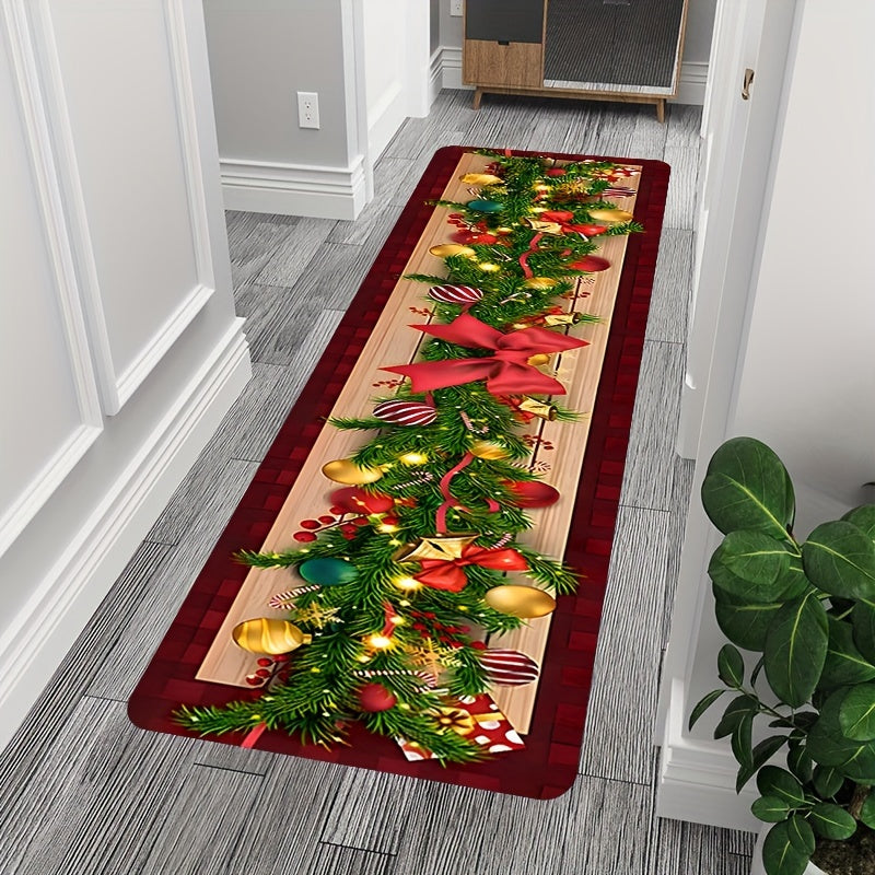 Get into the holiday spirit with this Christmas-themed runner rug featuring a festive tree, ornaments, and bow design. Made from low pile, tufted polyester, this machine washable rug is also non-slip and stain resistant, making it perfect for hallways