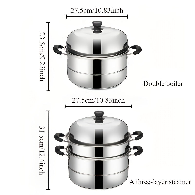 Stainless Steel Steamer Pot with Lid - Versatile Double-Layer Design, Suitable for Induction Cooktops - Perfect for Buns, Mantou, and Soup - Sturdy and Durable Construction, No Electricity Required