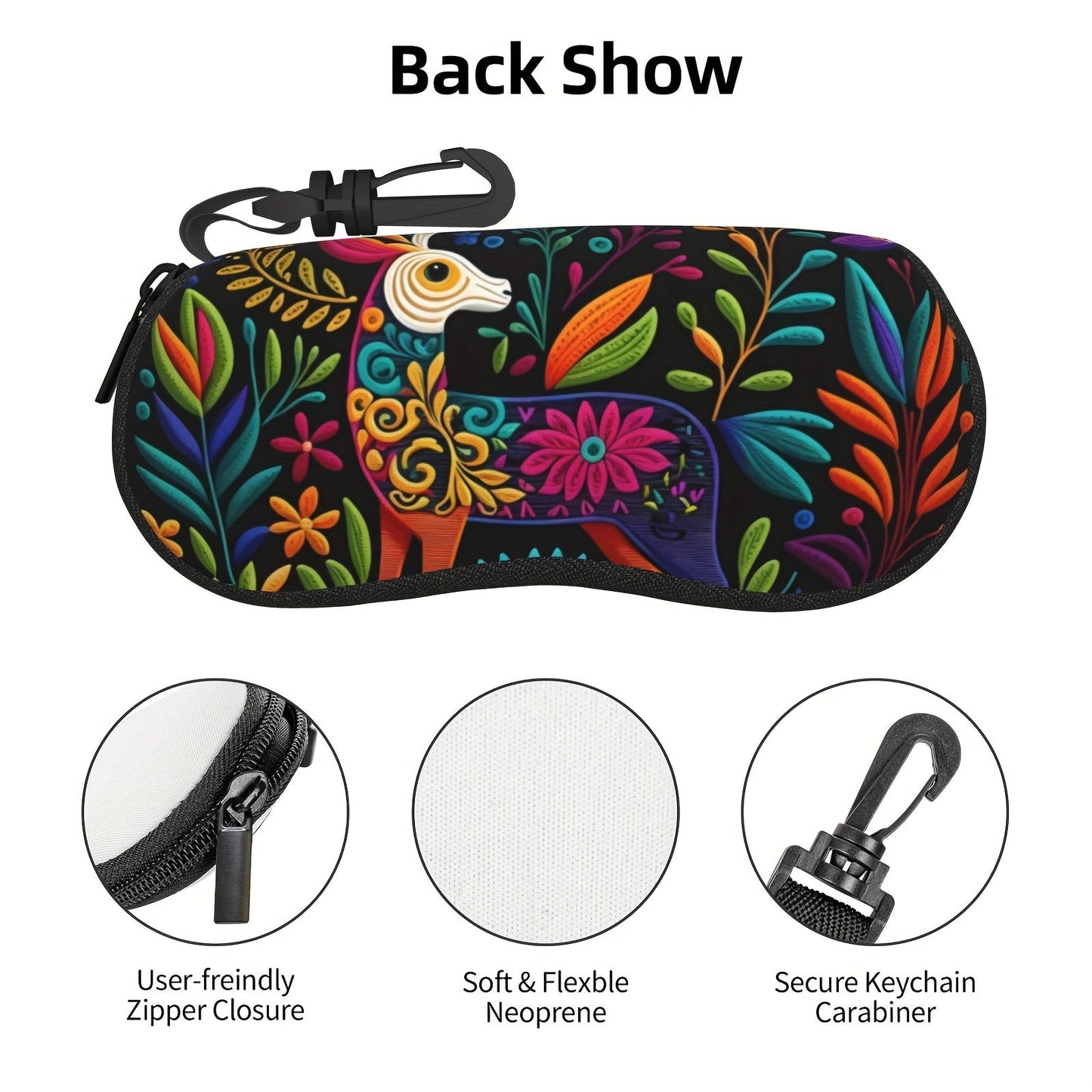 Waterproof glasses case with keychain featuring Mexican floral art design. Made of ultra-light and soft neoprene, this reading glasses holder is perfect for both men and women.