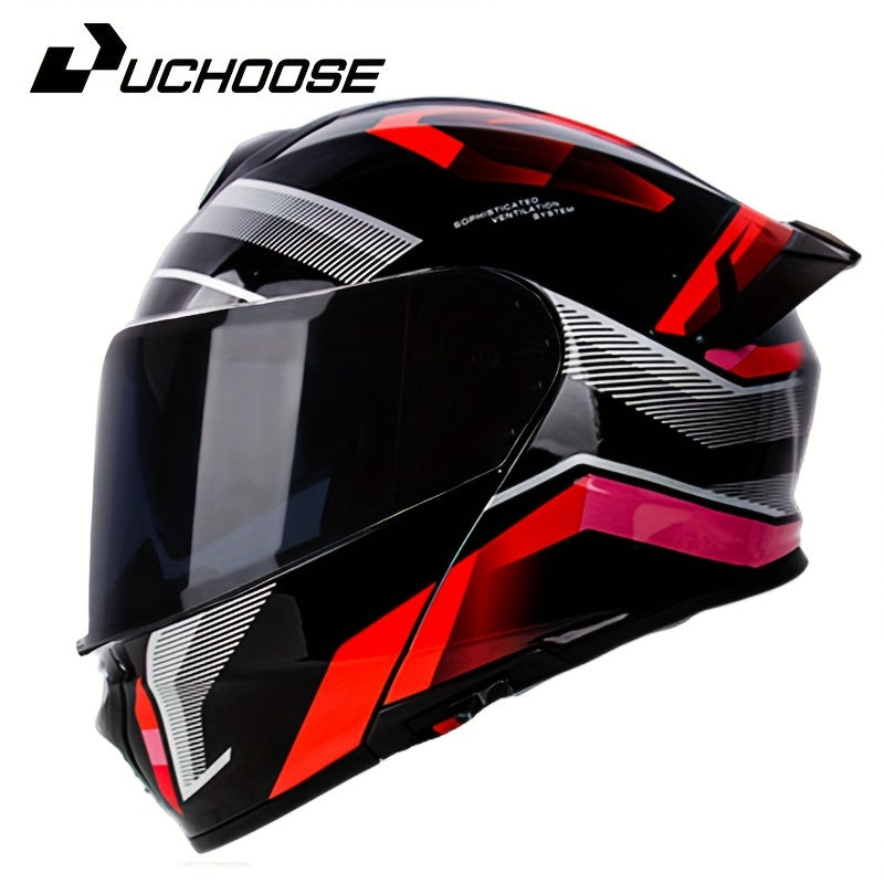 Modern motorcycle helmet with dual visors, detachable face shield, and enhanced safety features in black with red and pink accents. Durable ABS resin construction. Motorcycle safety gear