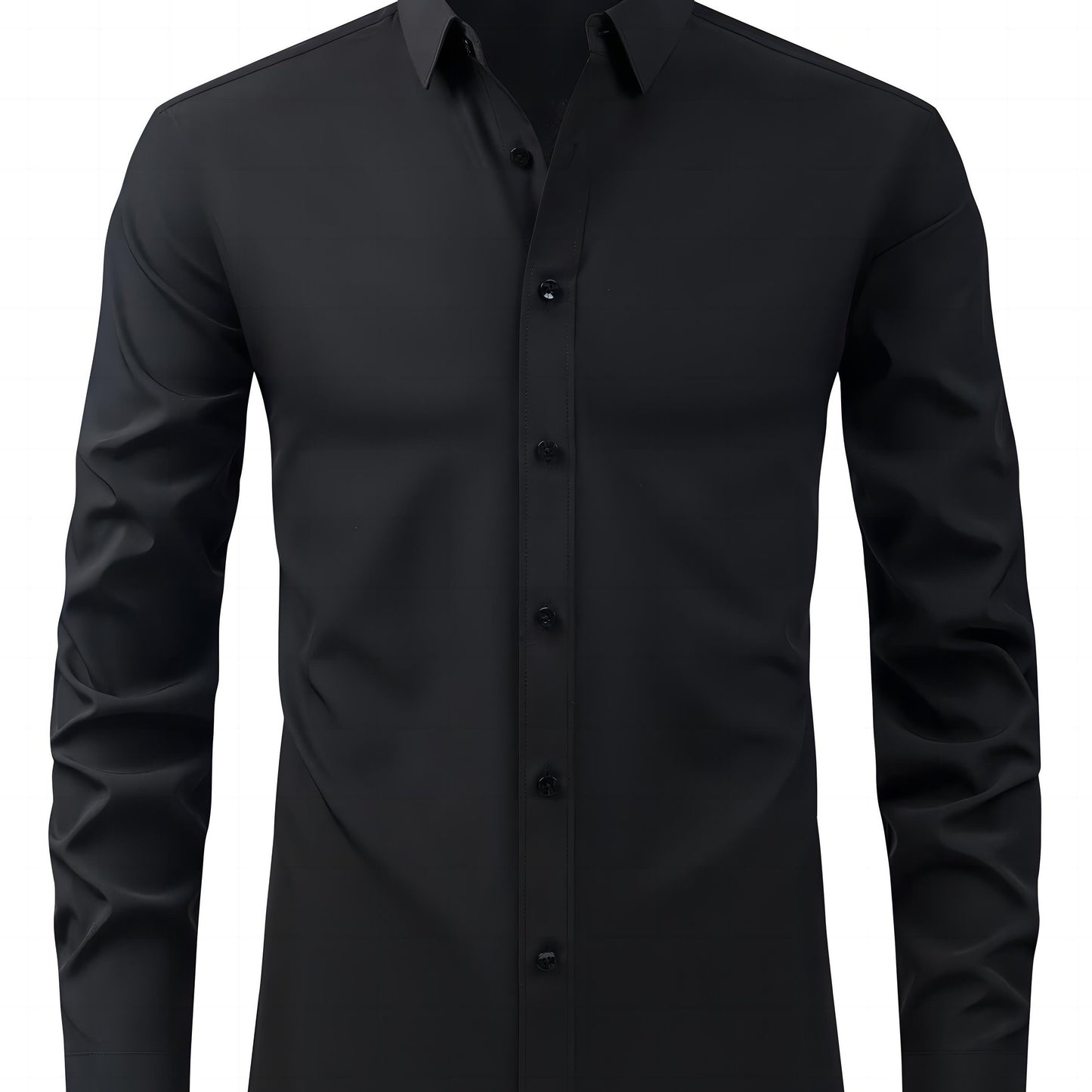 Men's solid black long sleeve shirt with lapel collar, made of 100% polyester with a slight stretch, 120gsm woven fabric, regular fit for all-season casual business wear, no chest pad