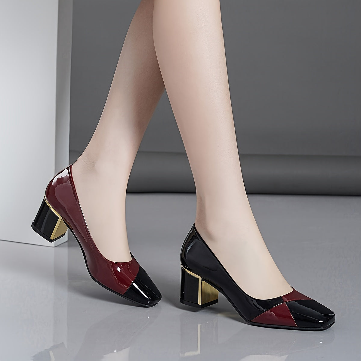 Womens chunky heels with contrasting colors and square toe design, slip-on style for fashion lovers.